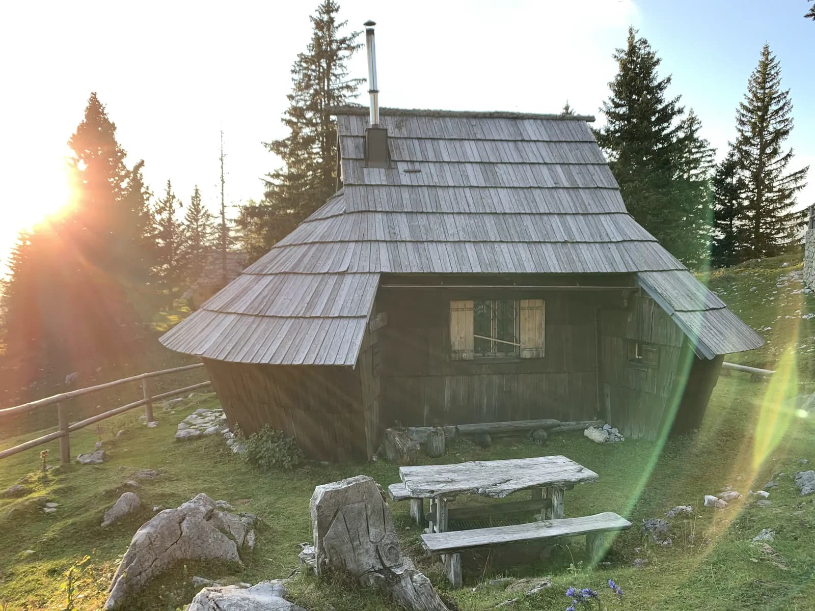 Lesena pastirska koča s skodlasto streho na Veliki planini v sončnem zahodu med smrekami