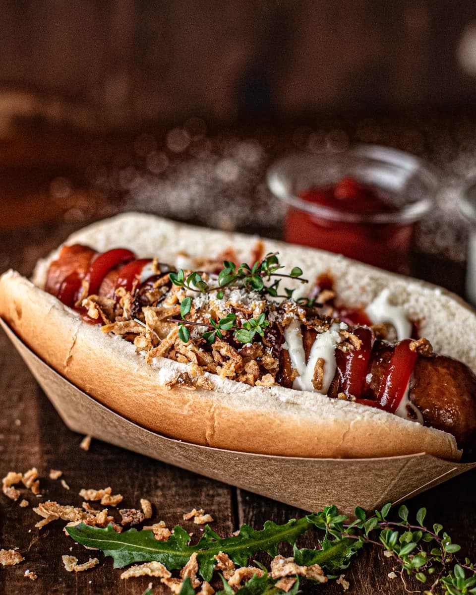 Berg-Hotdog mit Röstzwiebeln und Saucen